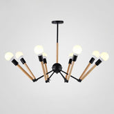 Modern Black Metal Spider Chandelier with Wooden Accents - Loft Style Ceiling Hang Light for Living Room